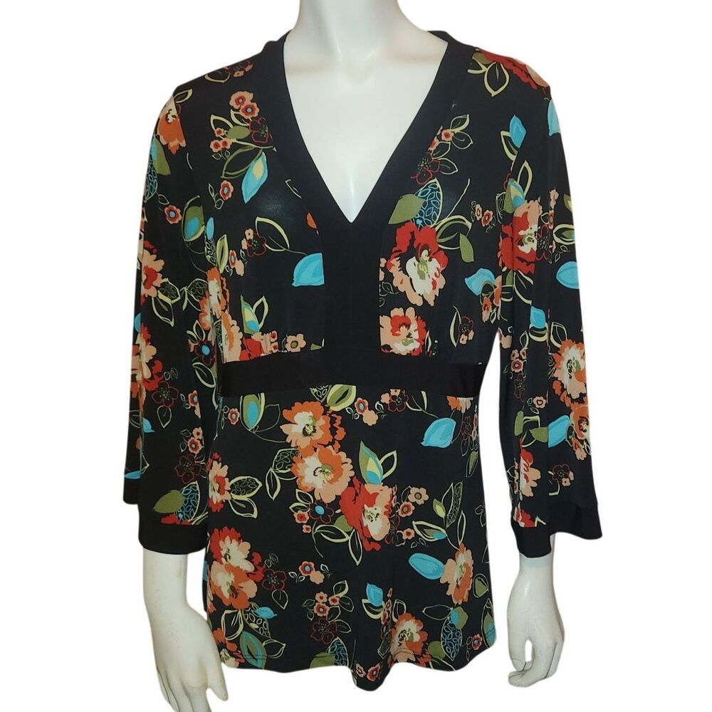 Dress Barn Black Floral Print V Neck Blouse Womens Size Large